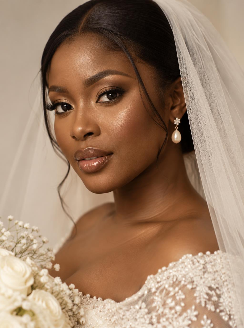Soft glam bridal makeup with an ivory veil